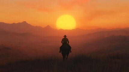 Cowboy riding into sunset over mountainous landscape at dusk
