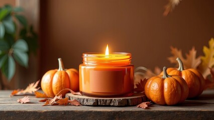 Warm Autumn Candle Arrangement with Pumpkins and Leaves