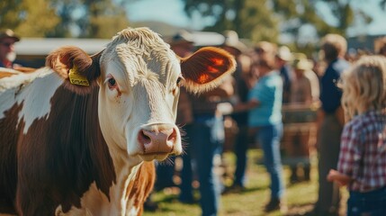 A crowd gathers around a dairy cow at a country fair in autumn