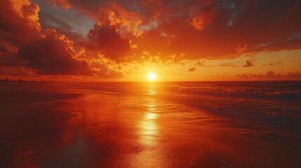 Fototapeta premium Fiery sunset over the ocean with clouds reflecting in the water.