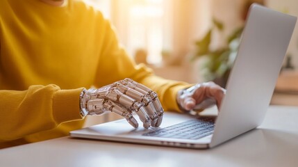 Person with advanced prosthetic hand using laptop in workspace, ideal for promoting AI, robotics, and healthcare technology