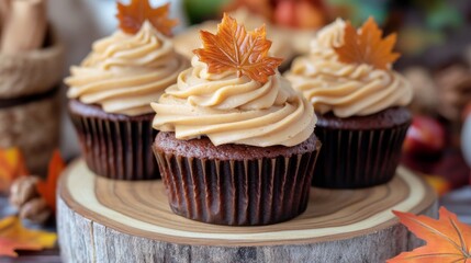 Elegant chocolate cupcakes with maple leaf frosting for autumn celebration on wooden surface