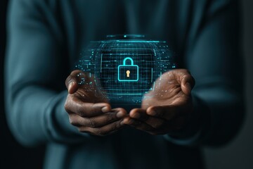 Businessperson utilizes secure holographic interface for effective cyber insurance and risk management solutions