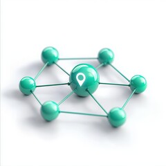 Fototapeta premium 3D network model with teal nodes and a location pin, symbolizing connectivity and location tracking.