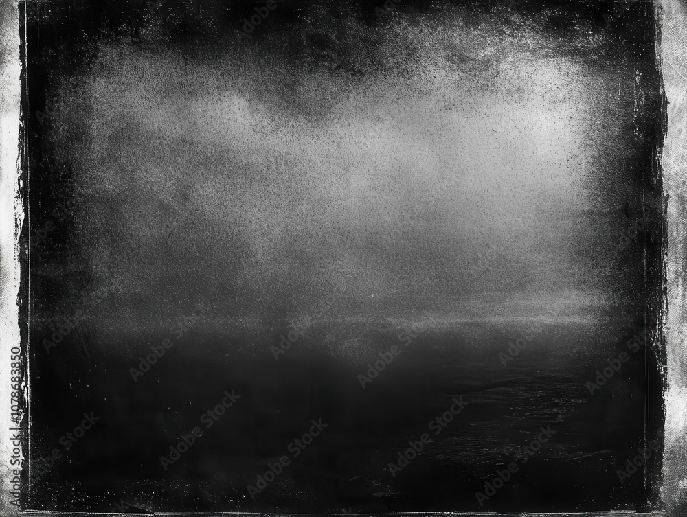 Poster grainy textured background transitioning from black to light gray, framed by a subtle vignette, evok