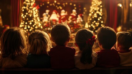 A group of children sit on a bench in front of a Christmas tree