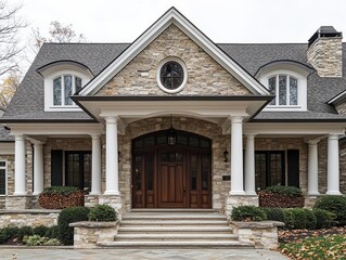 grand wooden front door with gabled porch and stone cladding; georgian-style home with white columns exuding classic elegance and timeless architectural charm