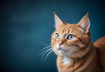 A cat with large, alert eyes and whiskers against a blurred blue background