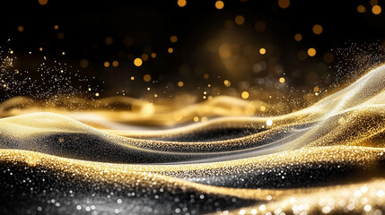 Abstract luxury background with golden glitter and bokeh lights dancing on a sleek black surface. A wave of golden dust creates a festive and glamorous atmosphere. Perfect for holiday events, product 