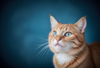 A cat with large, alert eyes and whiskers against a blurred blue background