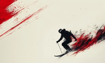 Dynamic skier silhouette soaring through a splash of abstract colors on a winter day