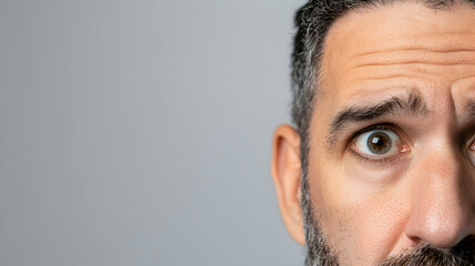 A man with a worried expression looks anxiously to the side against a plain background, capturing a moment of concern and uncertainty