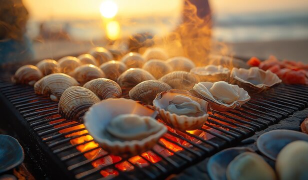 AI generator image of grill over charcoal fire, cooking various shellfish on a beach table,metal grill filled with assorted shellfish Shellfish varieties Scallops, pen shells, clams, and other bivalve