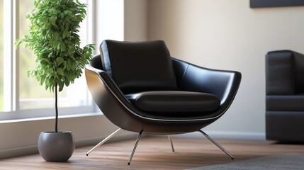 3D black leather chair in a modern living room, showcasing stylish furniture design.