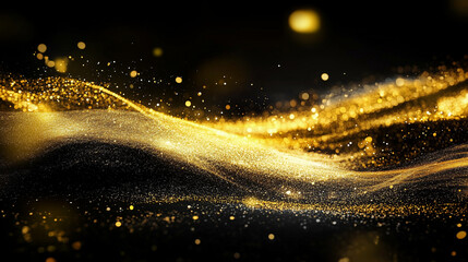 Obraz premium Abstract luxury background with golden glitter and bokeh lights dancing on a sleek black surface. A wave of golden dust creates a festive and glamorous atmosphere. Perfect for holiday events, product 