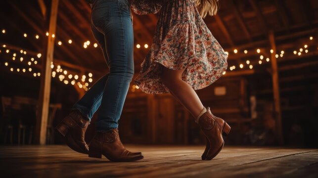 Couple dancing closely in a cozy barn with string lights at night - Powered by Adobe