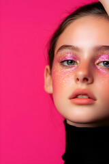 Fototapeta premium A young model poses with vibrant pink glitter makeup against a bright pink background, showcasing creativity and artistic expression in beauty and fashion photography