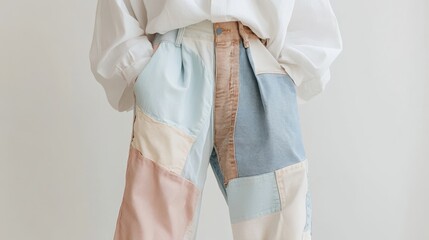 Close-up of fashionable patchwork jeans in soft pastel colors for modern sustainable fashion and eco-friendly clothing choice