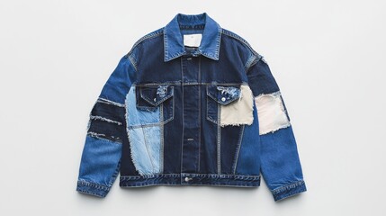 Dark blue upcycled patchwork denim jacket with frayed edges and light contrast patches for eco-conscious and sustainable fashion lovers
