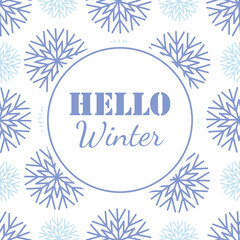 Hello winter. 1st December as a symbol of winter beginning. Hand drawn vector illustration in flat style. Blue snowflakes background. Vector web banner, greeting card, snowfall design, round frame