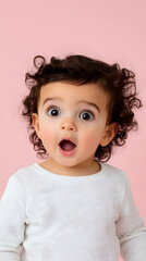 Naklejka premium A surprised toddler with curly hair expresses wonder against a soft pink background, capturing a moment of childhood curiosity and joy
