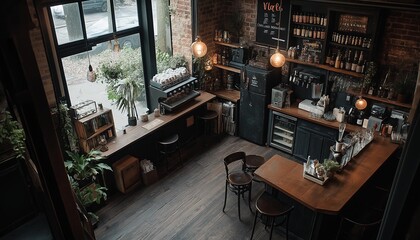 AI generator image of coffee shop,professional coffee machine bar, The bar is a vintage with plenty of natural light. The lobby is spacious and open with a variety of seating options. 
