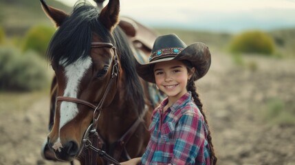 Obraz premium A young cowgirl smiles while standing beside her horse outdoors