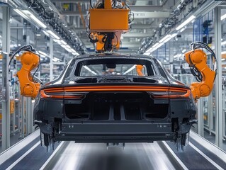 high-efficiency assembly line producing sleek modern cars, showcasing advanced robotics and streamlined processes in a well-lit, spacious factory environment
