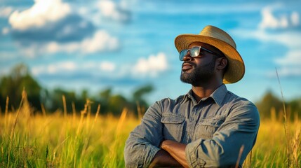 Man wearing a straw hat enjoys a sunny day in a golden field