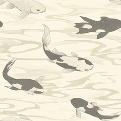 Obraz premium Tranquil seamless koi fish pattern in monochrome shades, perfect for minimalist decor and Japanese-inspired designs