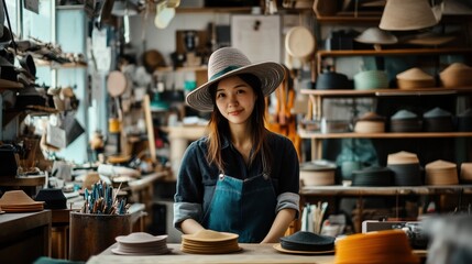 Craftswoman in a hat shop creating unique hats during the day