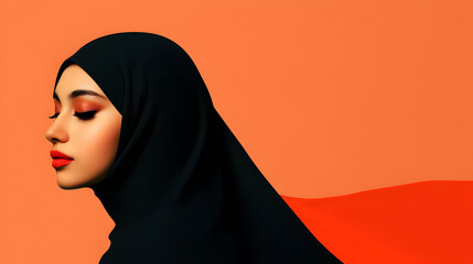 A woman in a black hijab poses against a vibrant orange background, showcasing elegance and grace with subtle makeup and a serene expression