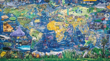 Fototapeta premium A colorful mosaic map of the world created from various materials, showcasing global diversity.
