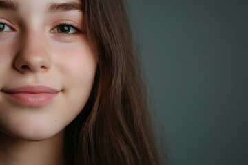 Fototapeta premium A close-up portrait of a young girl with long brown hair smiling softly against a neutral gray background, showcasing her natural beauty and youthful innocence