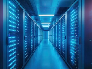 Fototapeta premium high-tech server room glowing with led lights, showcasing the advanced digital infrastructure. rows of network servers emit a cool blue glow