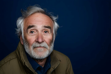 Obraz premium A thoughtful elderly man gazes into the distance against a blue background, displaying wisdom and life experiences captured in a moment of reflection