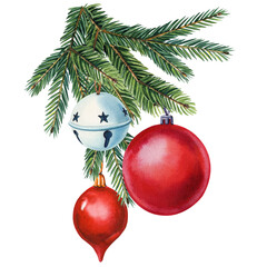 Watercolor Christmas arrangement, hand-painted festive holiday decorations with red baubles, bells and pine branches