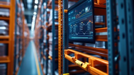 Inventory management order tracking concept. A modern warehouse with organized shelves and a digital monitor displaying inventory data.