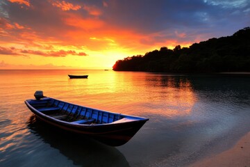 Naklejka premium Beautiful sunset over tranquil water with a boat anchored on the shore.