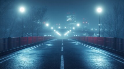 Foggy night cityscape with empty road leading towards illuminated buildings.