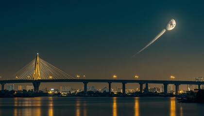 Fototapeta premium AI generator image of Comet passing by night sky Above suspension bridge ,rope bridge .As the moon was rising in the sky 