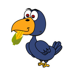Cute blue raven eating an ear of corn on a white background - vector