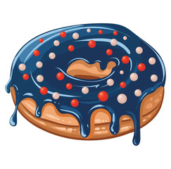 Festive donut with glossy blue glaze and decorated with red and white sprinkles as flag colors. Vector isolated image. Glazed doughnuts for cafe decoration or holiday menu design.