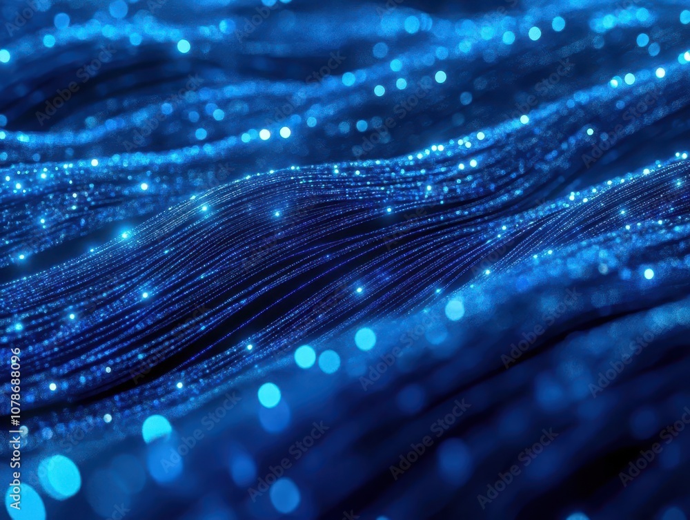 Poster illuminated blue strands of fiber optic cables weaving together in a dynamic pattern, creating an ab