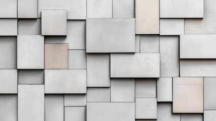 Abstract geometric wall with layered square and rectangular panels in varying shades of gray, creating a textured three-dimensional pattern.