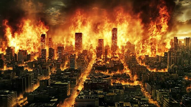 A city is engulfed in flames, with tall buildings burning fiercely against a dark, stormy sky