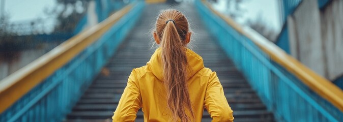 Rear view of a young female athlete running up stadium stairs as part of an endurance training workout. This image is ideal for designers, artists, and advertisers promoting fitness, athletic training