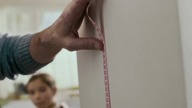 Closeup of caring grandfather using measuring tape while measuring height of his two grandchildren standing one by one against wall in cozy house at daytime