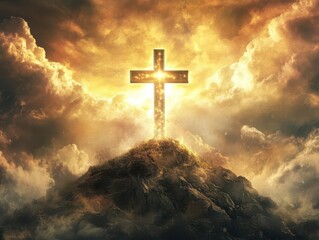 inspiring holy cross with light illuminating golgotha hill, surrounded by clouds, symbolizing hope and resurrection in a heavenly atmosphere