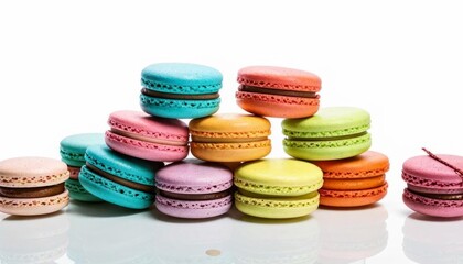 Fototapeta premium A variety of colorful macarons arranged against a white backdrop. Generated with AI.